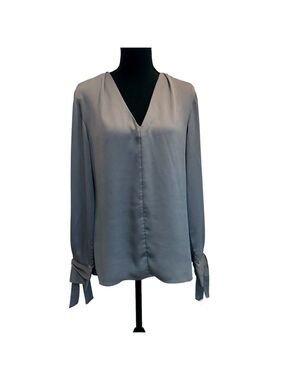 Banana Republic gray satin effect Tie sleeve cuff V-neck blouse Sz M